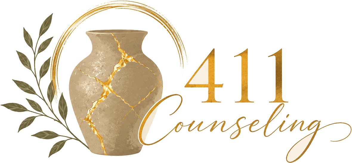 The 411 Counseling mark: a clay vessel mended with gold, framed by an olive branch.